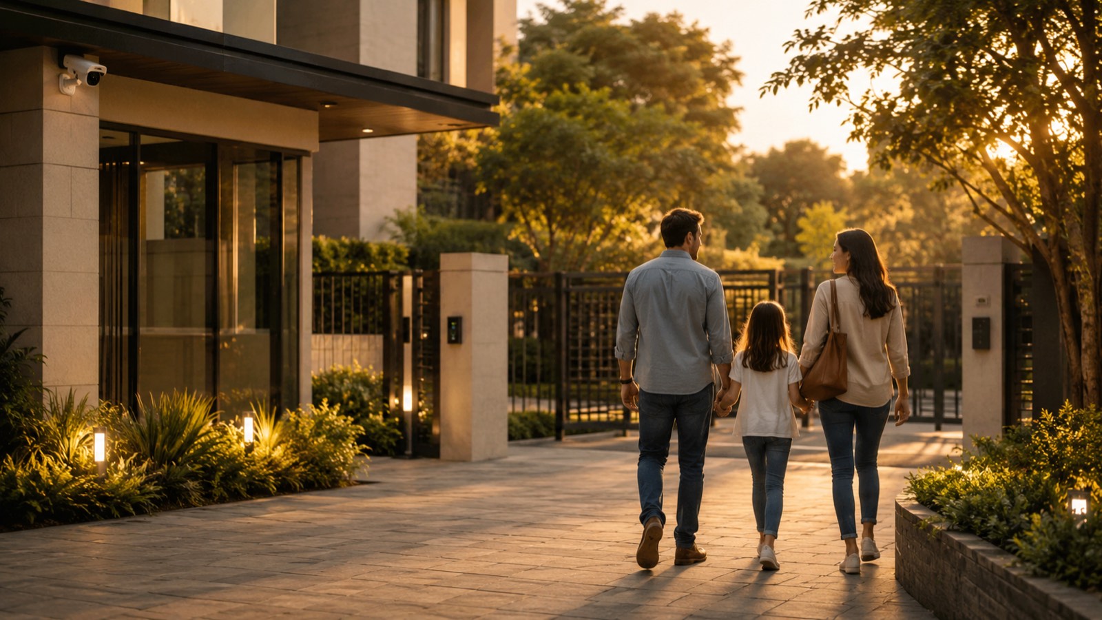Familia entrando a su hogar protegido con cámara y control de acceso Nextum