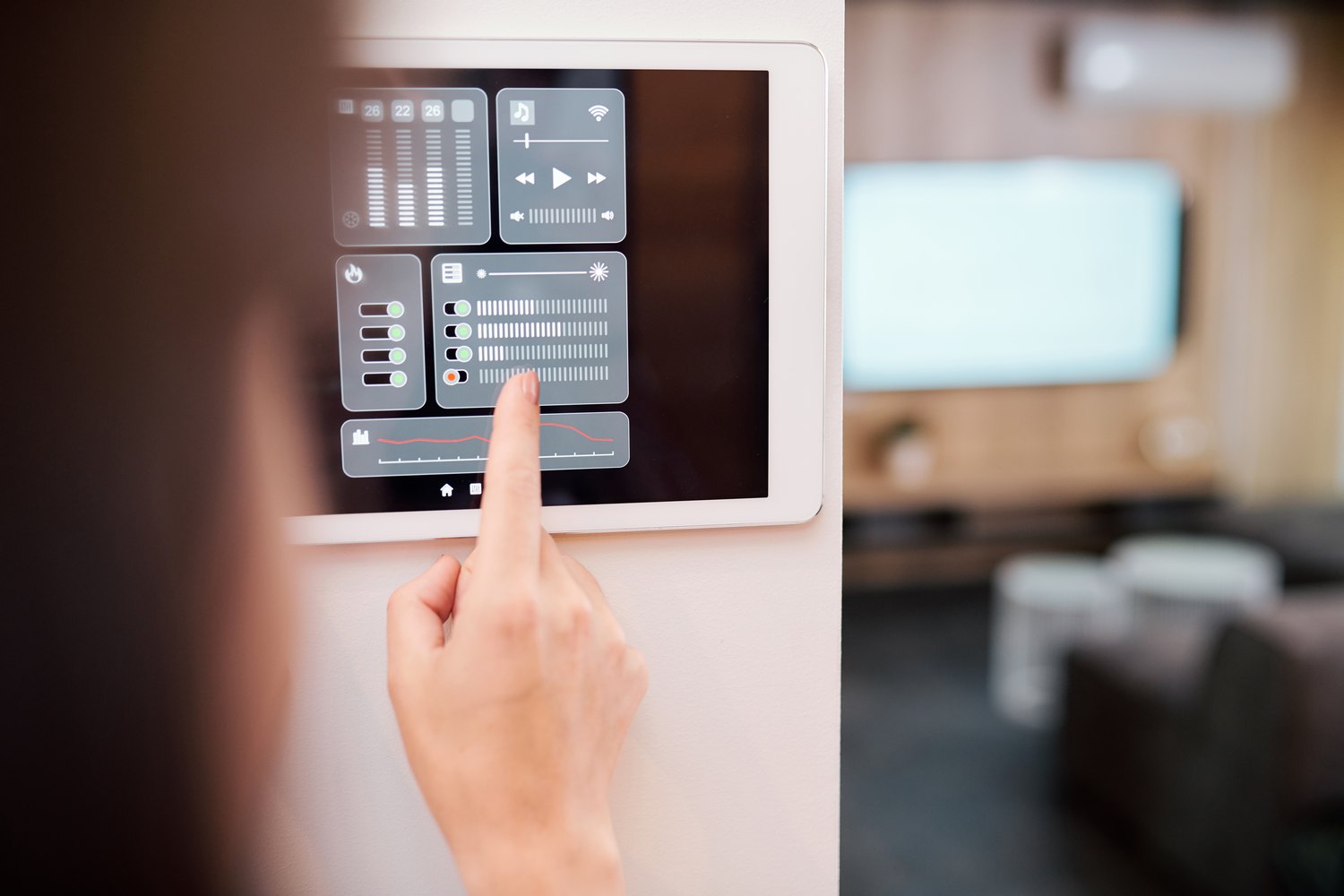 Panel de hogar inteligente controlando luces, clima y seguridad