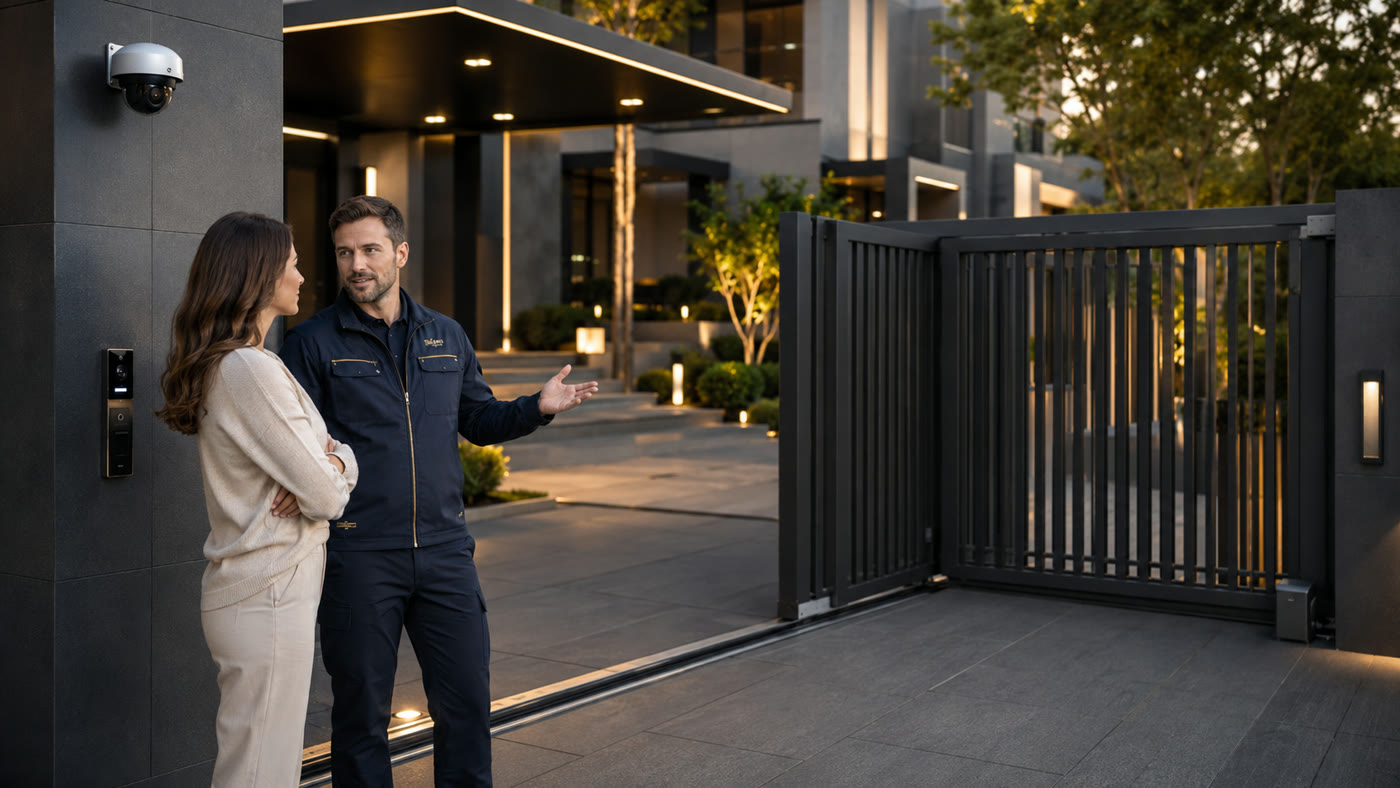 Portón eléctrico automatizado abriéndose en el acceso de una residencia